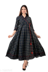 Indigo cotton printed Angrakha Kurta for women, three-quarter sleeves, Indian ethnic wear - S: bust 36in, M: bust 38in, L: bust 40in, XL: bust 42in, XXL: bust 44in, XXXL: bust 46in, sizes up to 5XL